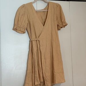 Christy Dawn — Tan Puff Sleeve Wrap Sundress